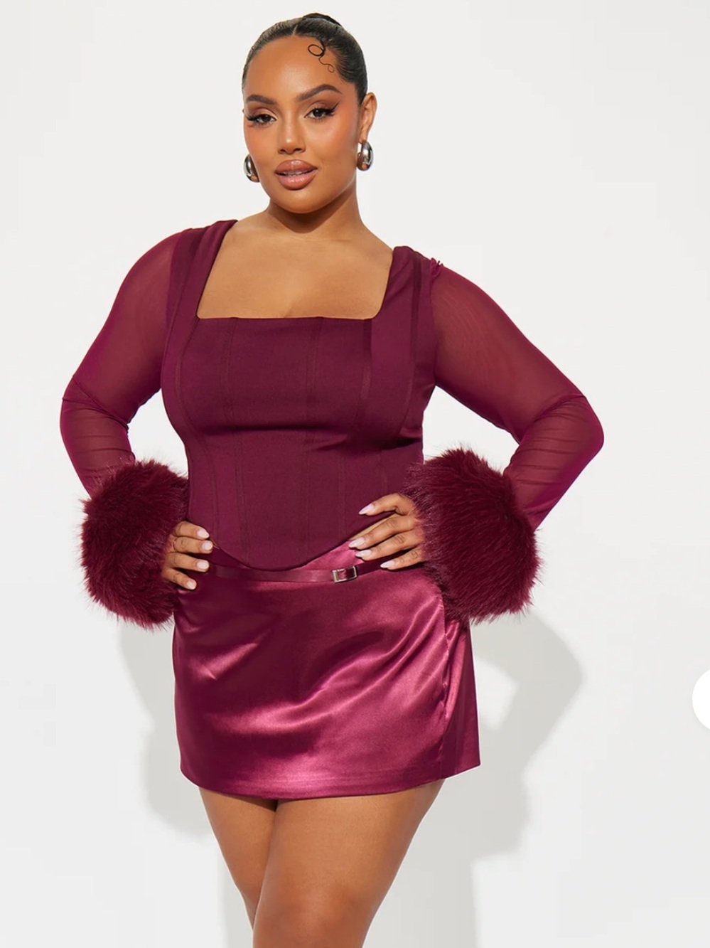 Fashion Nova “Isa” Corset Faux-Fur Cuff Top in Burgundy